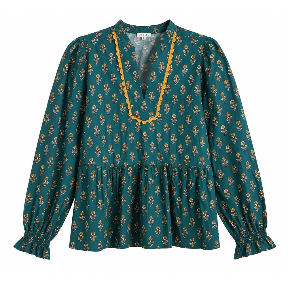 Jodifl Peplum Top Medium Green Marigold Floral Cotton Boho Cottagecore